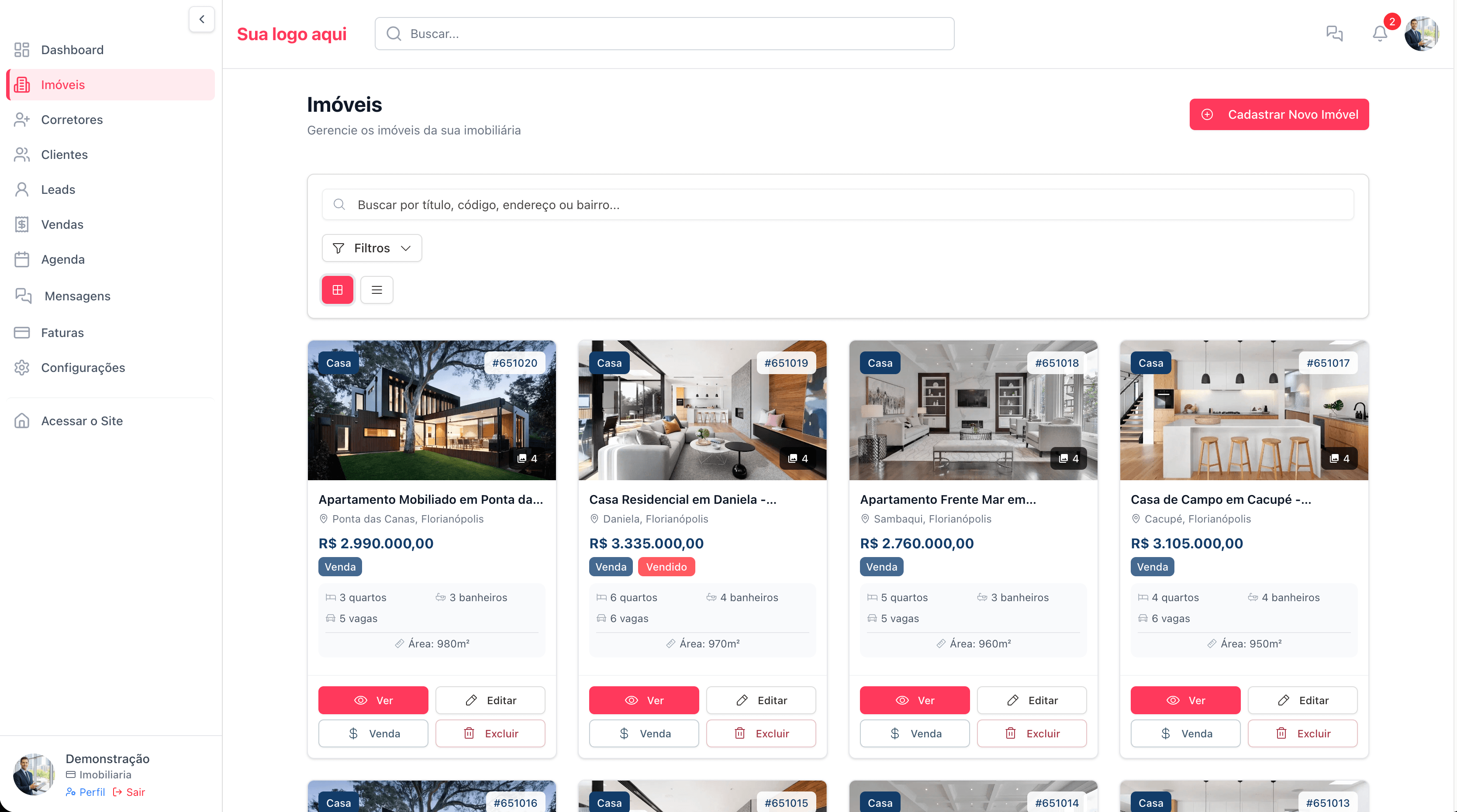 Tela de gestão de imóveis do CodesGO Imóveis