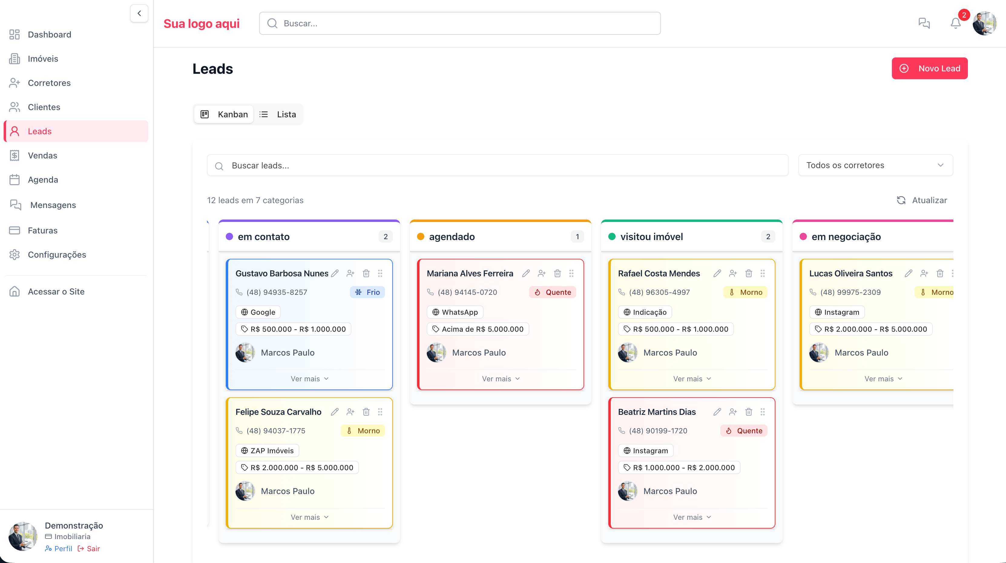 Tela de gestão de leads do CodesGO Imóveis